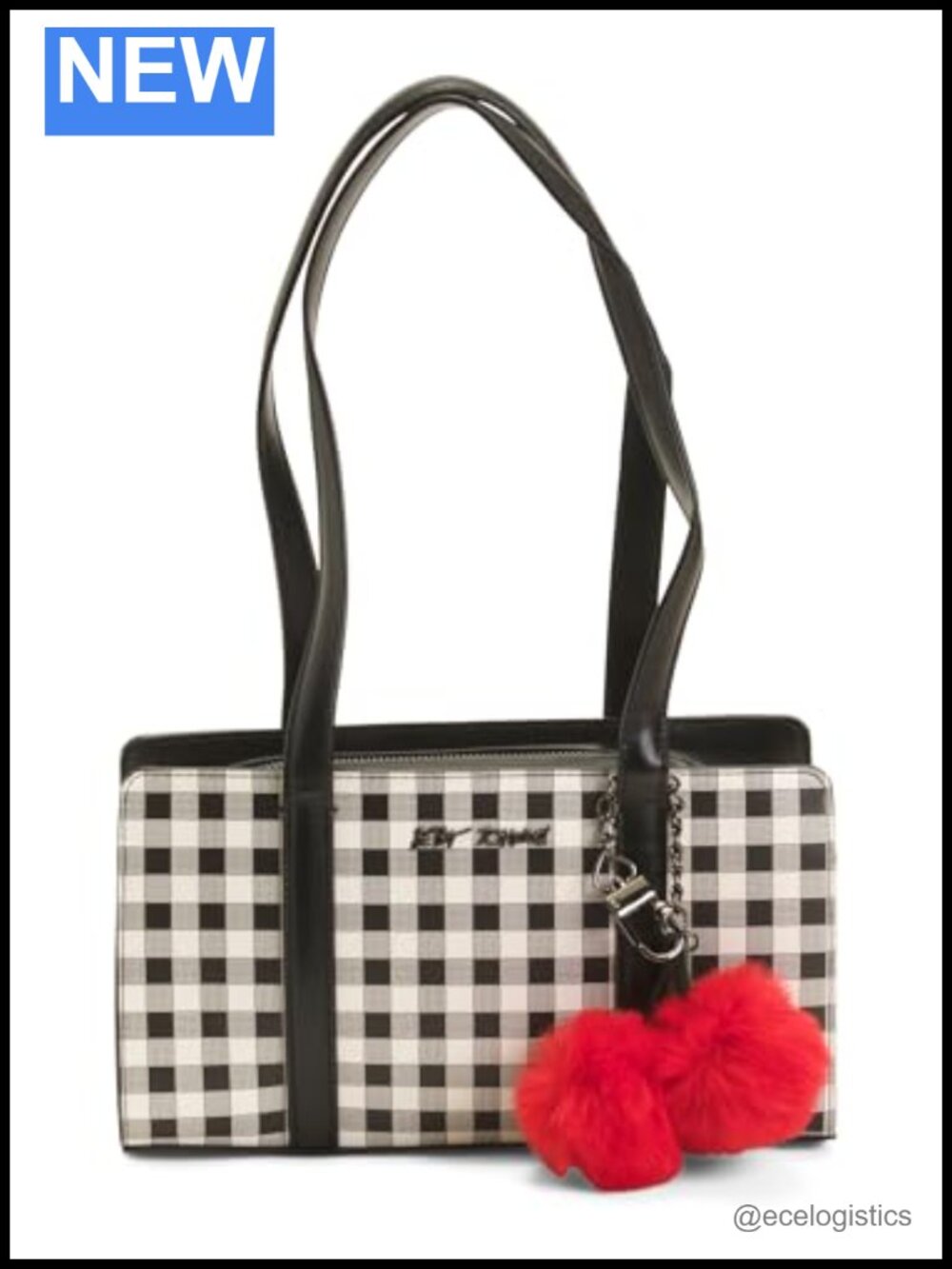 Gingham Shoulder Bag with Faux Leather Trim and Red Pom Pom Charm